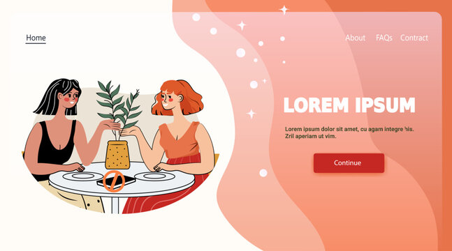 Two women digital fatigue concept people sitting together at table with phones placed aside plant centerpiece modern flat design website banner