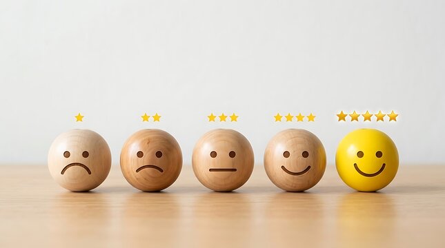 Wooden balls with different emotions and star rating scale