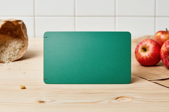 Food assistance benefits card on a light pine table with rice and red apples, a clean mockup for nutrition and welfare news with copy space