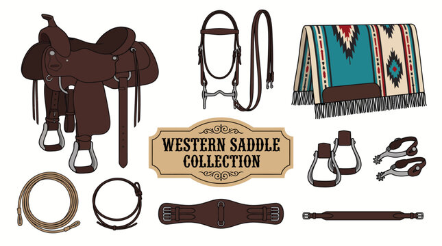 Very beautiful realistic vector collection featuring western saddle, bridle, reins, stirrups, saddle blanket, centered label "WESTERN SADDLE COLLECTION", leather tack and practical horse equipment, no