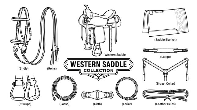 Very beautiful black and white realistic vector collection featuring western saddle, bridle, reins, stirrups, saddle blanket, centered label "WESTERN SADDLE COLLECTION", leather tack and practical hor