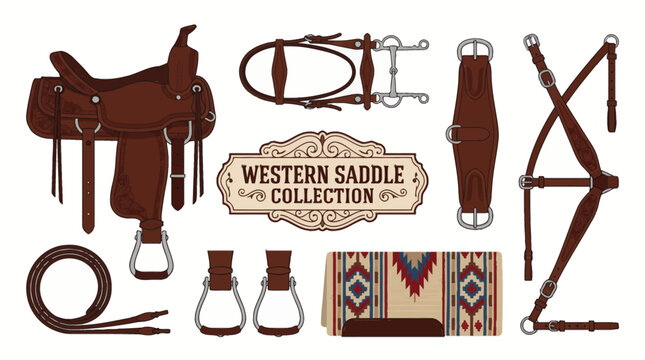 Very beautiful realistic vector collection featuring western saddle, bridle, reins, stirrups, saddle blanket, centered label "WESTERN SADDLE COLLECTION", leather tack and practical horse equipment, no