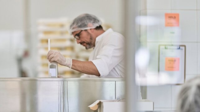 Food safety inspection using a hygiene swab on a bright stainless steel bench, with a focused person in a hairnet for dairy training and recalls