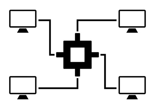 Central processing unit connected to four peripheral computer monitors with computer