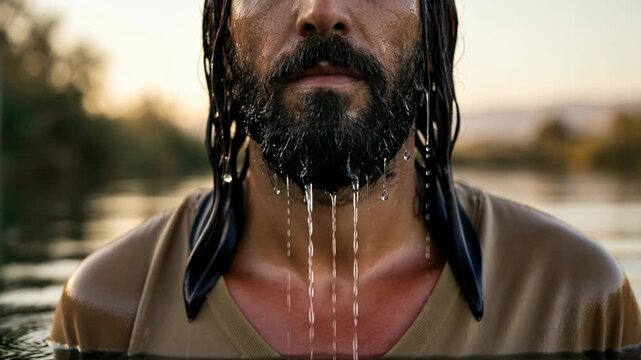 Sacred river baptism: Jesus Christ figure, Jordan River, divine blessing, holy water, spiritual cleansing, religious ritual, savior face, deep contemplation, wet beard, peaceful moment.