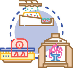 Fototapeta premium Metallurgy process showing ore extraction, smelting from raw materials, and mining industry production of metal products in an abstract icon visual