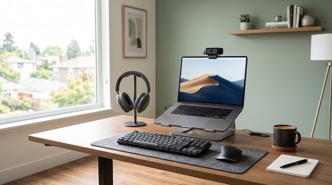 Modern home office setup with laptop webcam headphones keyboard mouse coffee and notebook on wooden desk