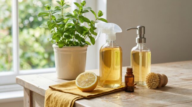 Natural cleaning products with lemon, plant and bottles on a table