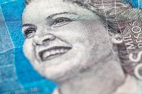 Colombian 2000 Mil Pesos banknote featuring the portrait of artist Debora Arango. Colombian national currency cash.