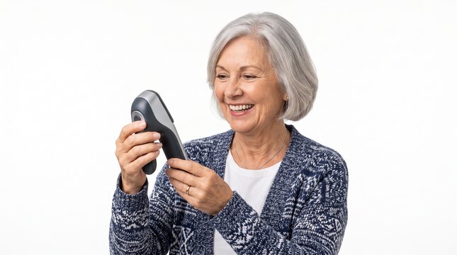 Smiling senior woman with gray hair holding a modern electronic device in her hands against a white background