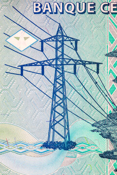100 Congolese Francs banknote featuring Inga II hydroelectric dam and high-voltage power transmission tower. Currency of the Democratic Republic of the Congo. Money of Africa.