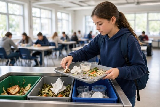 Young student disposing of food waste in eco-friendly cafeteria setting
