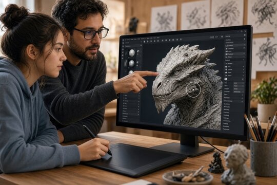 Dynamic teamwork reveals intricate dragon design on digital canvas, showcasing