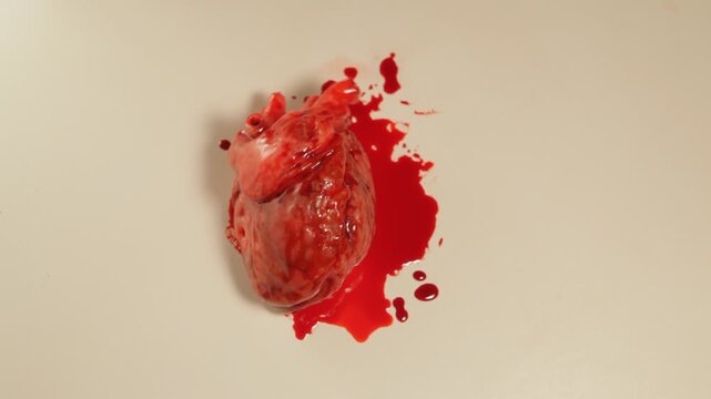 A silicone animatronic human heart is beating on a white surface in the center of the frame