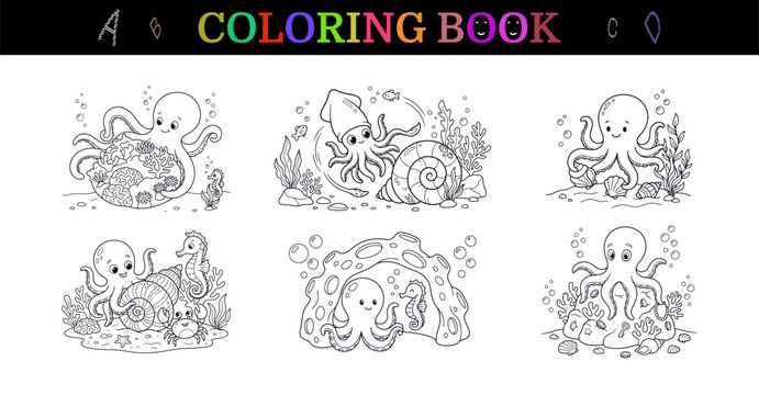 Cute coloring book page set featuring adorable marine animals like smiling octopuses and seahorses in vector style