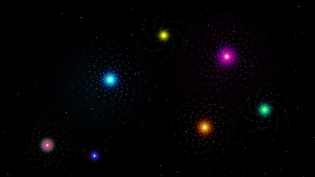 A mesmerizing digital art piece showcasing colorful glowing spiral galaxies in deep space