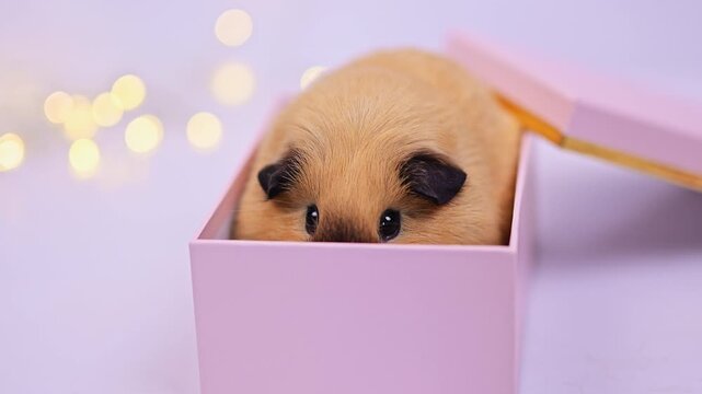 Beige Guinea Pig in a Pink Gift Box with Christmas Light Bokeh