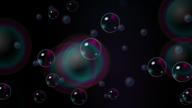 Colorful iridescent soap bubbles floating against a dark black background vector digital illustration backdrop design