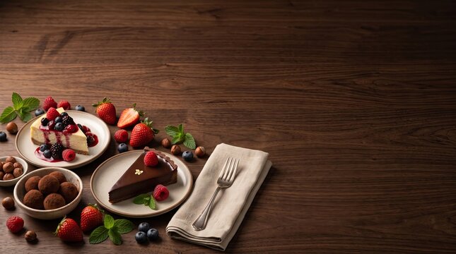 Gourmet dessert arrangement featuring a slice of New York cheesecake with berry coulis and a rich chocolate tart on ceramic plates with fresh strawberries, raspberries, blueberries, hazelnut