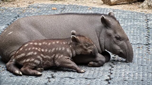 Heartwarming Wildlife Moment of a mother tapir resting with her spotted calf on a textured mat, ideal for nature documentaries and wildlife conservation videos.