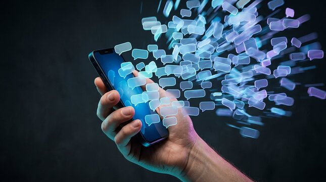 Smartphone Notification Overload Swarm Around Stressed Hand
