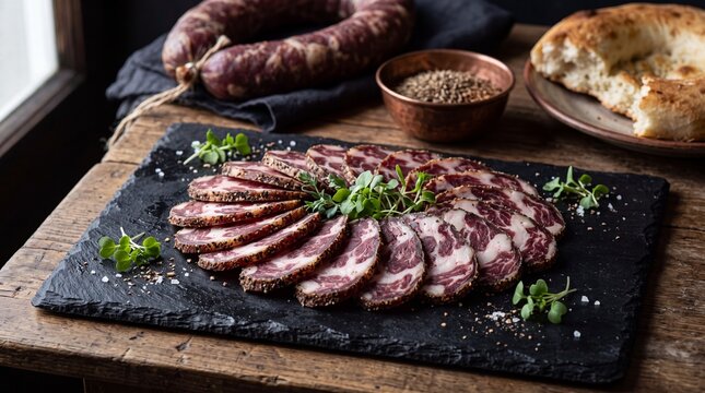 Qazi Central Asian Horse Meat Sausage Sliced on Black Slate with Whole Sausage, Cumin and Non Bread, Uzbek Kazakh Delicacy
