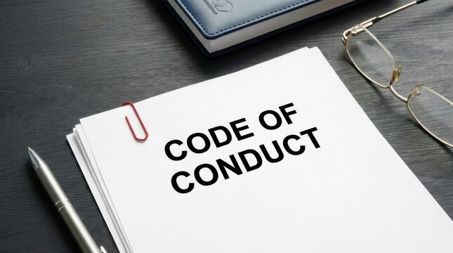 Code of conduct document on office desk with glasses and pen