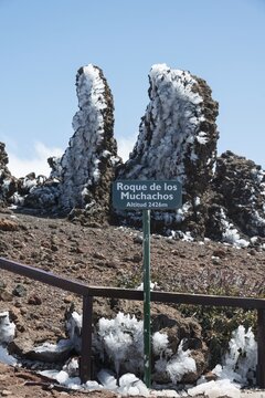 Roque de los Muchachos, rock formations covered with ice, La Palma, Canary Islands, Spain