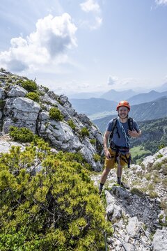 Climber on a climbing tour, alpine climbing, crossing the Kampenwand, Chiemgau, Bavaria, Germany