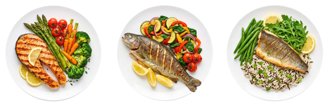 Three distinct plates display grilled fish with sides of vegetables. The first plate shows salmon with green asparagus and carrots. The second