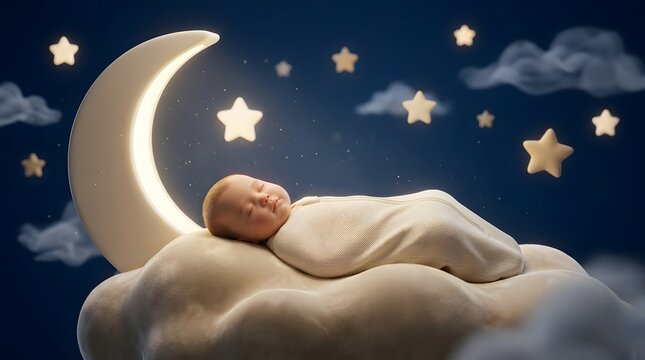 Sweet newborn baby sleeping peacefully on a crescent moon with stars
