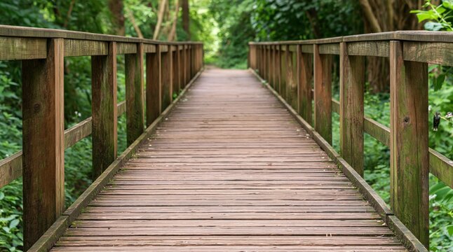 Perspective view of wooden bridge path through lush green forest