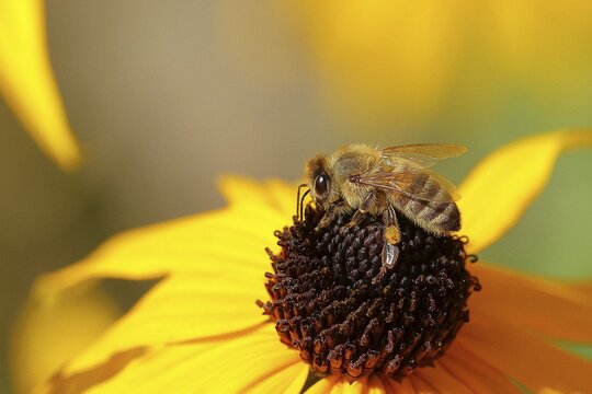European honey bee (Apis mellifera), collecting nectar from a flower of yellow coneflower (Echinacea paradoxa), Wilden, North Rhine-Westphalia, Germany