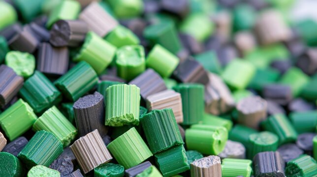 Pile of green grey and black plastic polymer granules for industrial manufacturing