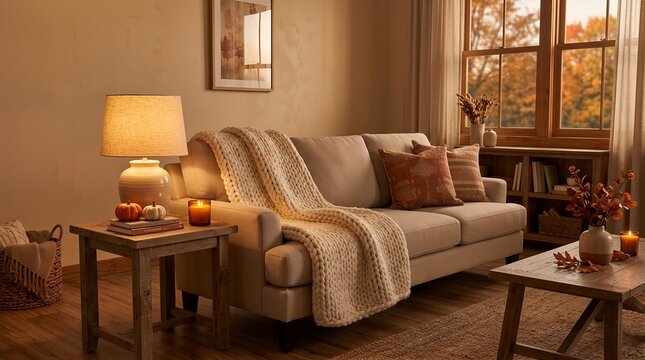 Warm afternoon living room beige sofa chunky knit throw rust pillows golden sunlight. 