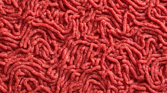 Close up texture raw red ground beef meat strands filling frame
