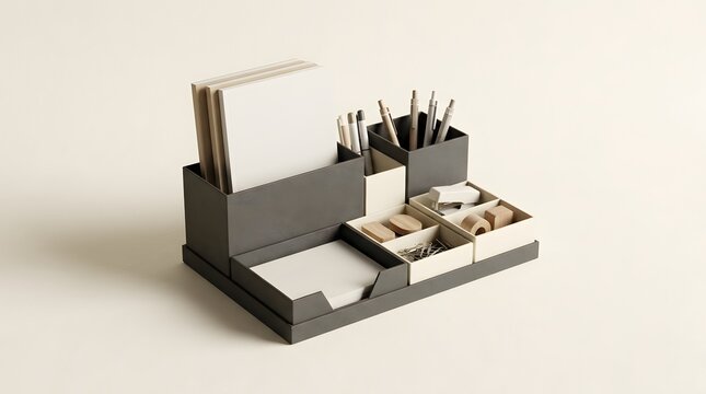 Organized desk accessories with business cards and writing implements on white background