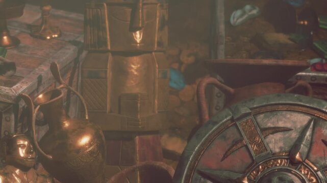 Gleaming treasures, including golden sculptures and scattered coins, fill a dimly lit chamber. Dust dances in the air as the story of lost civilizations unfolds through forgotten relics.