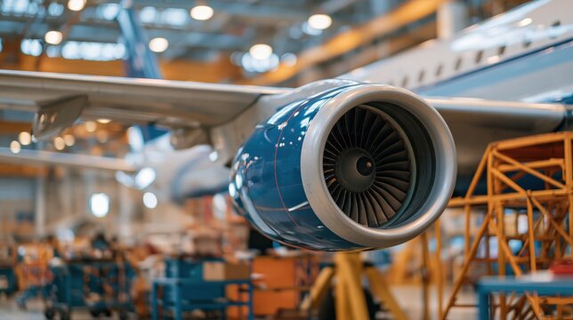 Jet engine mounted on airplane wing in aircraft maintenance hangar