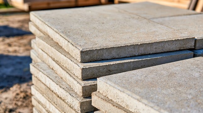 Stack of grey concrete pavers for landscaping project outdoors