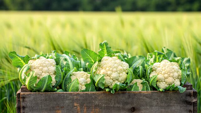 Fresh cauliflower heads with green leaves arranged in a wooden crate in a sunny farm field