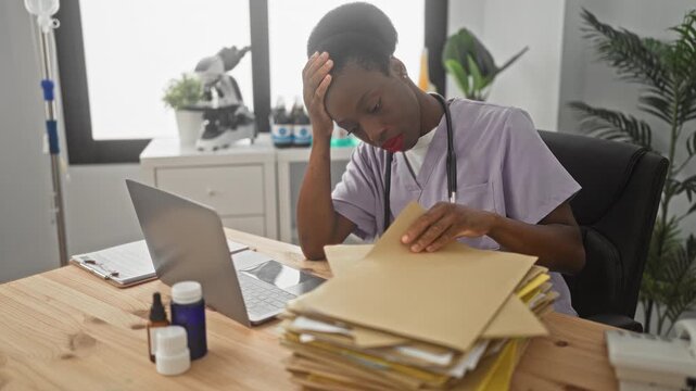 Woman doctor with stethoscope touching forehead while sorting patient folders beside laptop on desk in medical office building; stress workload.