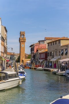 Rio del Vetrai Canal, St. Stefano Bell Tower, Murano, Venice, Veneto, Italy