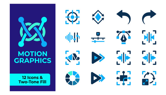 Set of 12 motion graphics and video editing icons