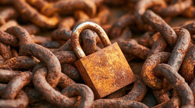 Rusty metal padlock locked on heap of old corroded iron chains