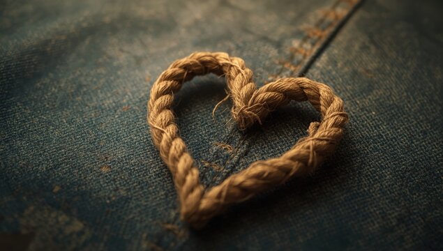 Heart shape made of coarse hemp rope resting on dark blue denim fabric texture background