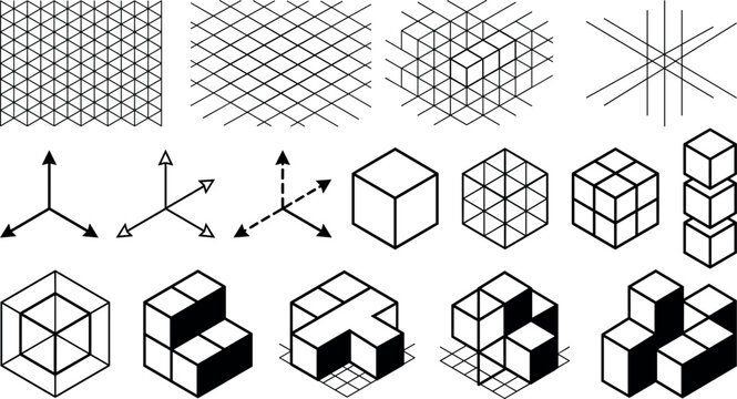 Isometric grid lines and 3D cube geometric shapes collection featuring perspective axis arrows and math blocks