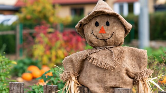 Burlap scarecrow with straw stuffing standing in autumn vegetable garden with pumpkins