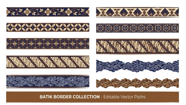 Traditional Indonesian batik border patterns collection featuring ornate floral motifs and geometric tribal elements arranged in horizontal rows isolated on transparent background