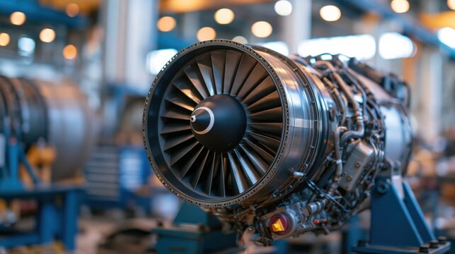 Close up view of aircraft turbofan jet engine in maintenance facility